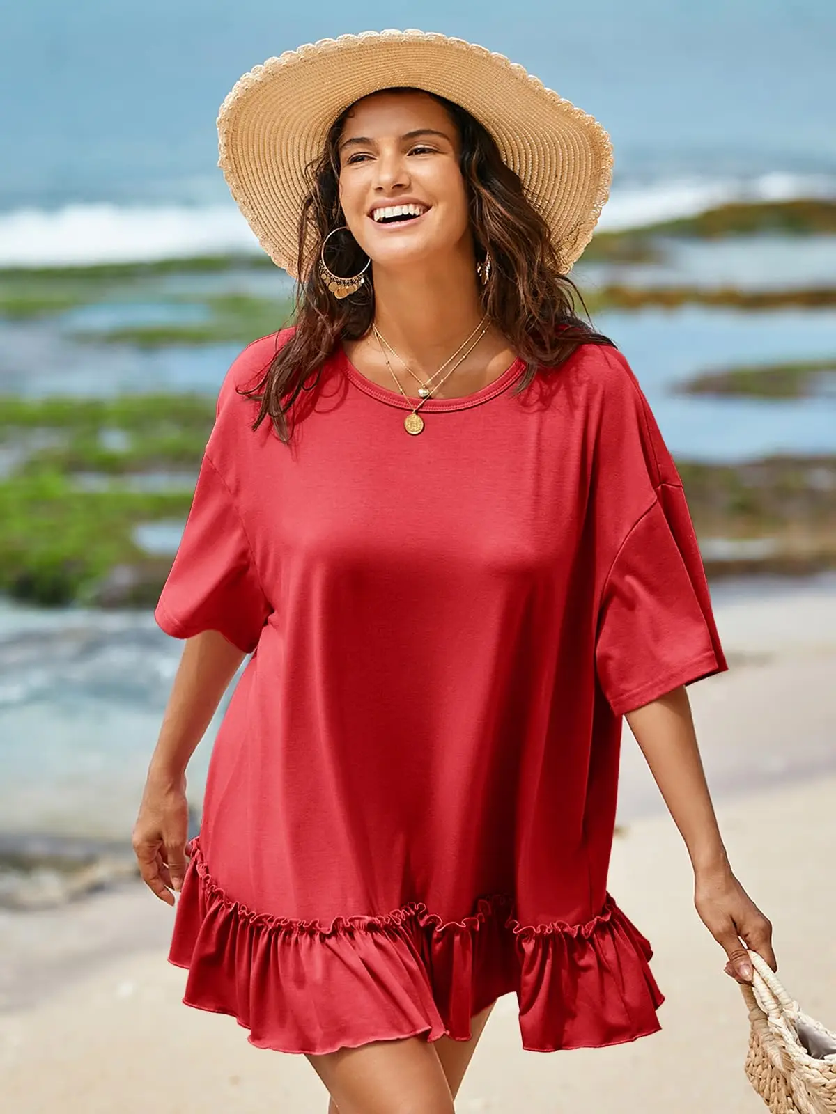 Zomer casual geplooide tuniekjurk met peplum voor dames - Oversized strandshirt met korte mouwen en ronde hals
