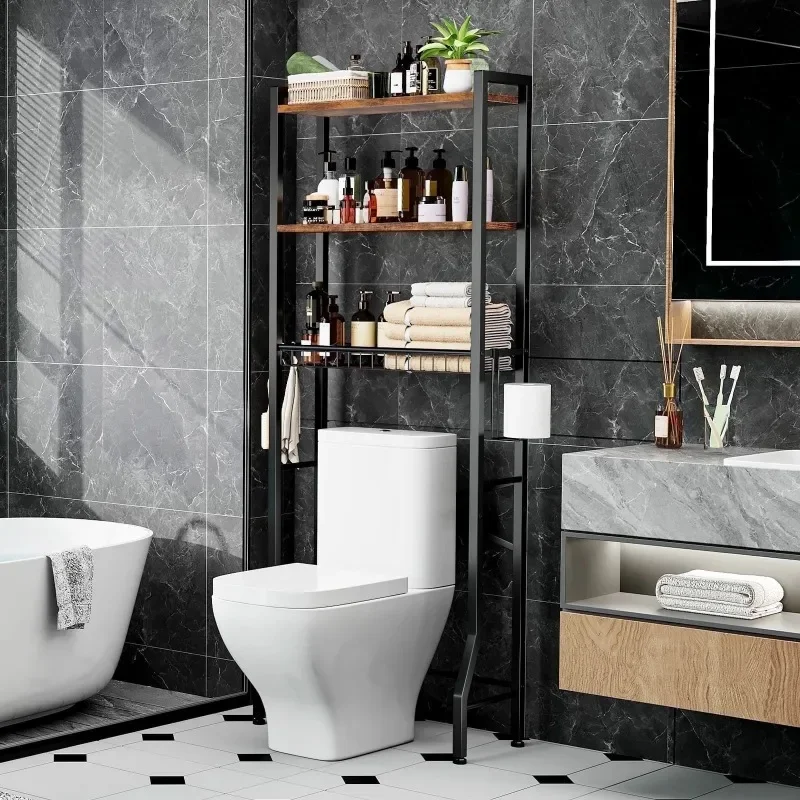 

Over The Toilet Storage Shelf, 3-Tier Wooden Bathroom Organizer Freestanding Space Saver with Toilet Paper Holder and 3 Hooks,