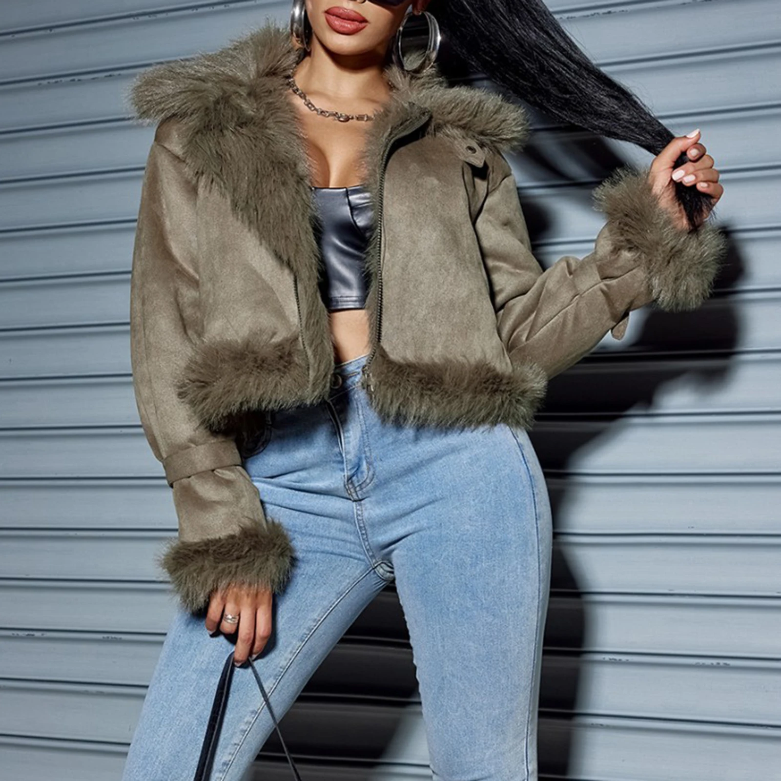Luxury Womens Winter Suede Crop Jacket Long Sleeve High Neck Zip-Up Warm Fashion Comfortable Coat