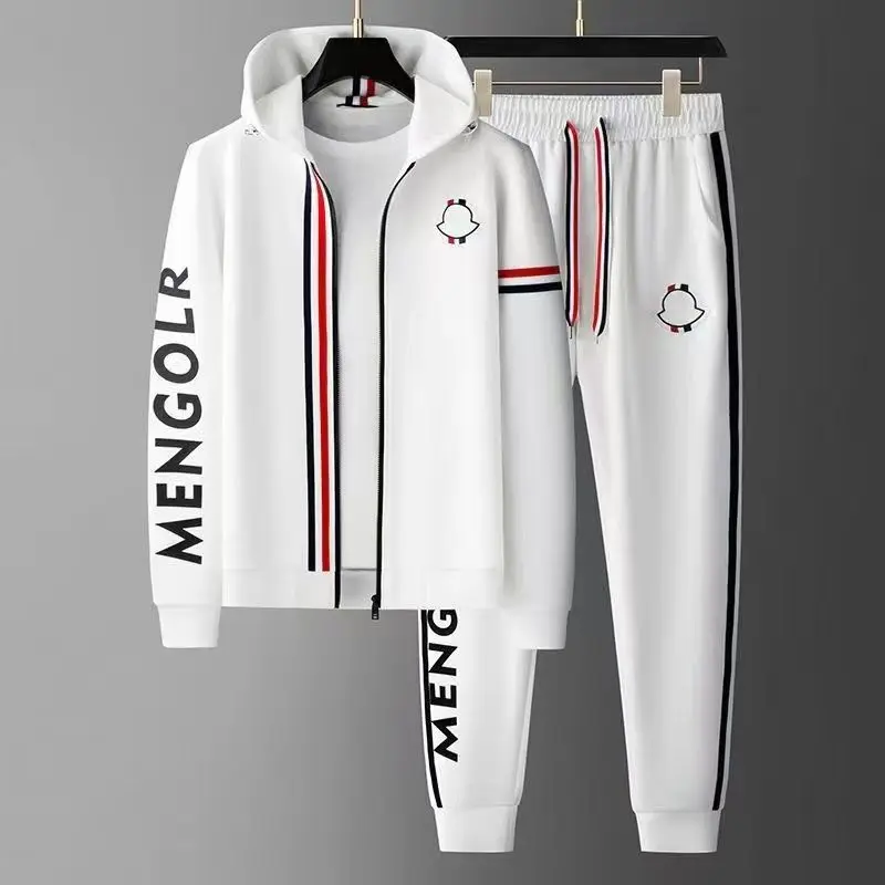 Autumn and Winter Men\'s Fashion Color Matching Hooded Cardigan Jacket Trousers Two Sets of Casual Trend Sports Two Sets