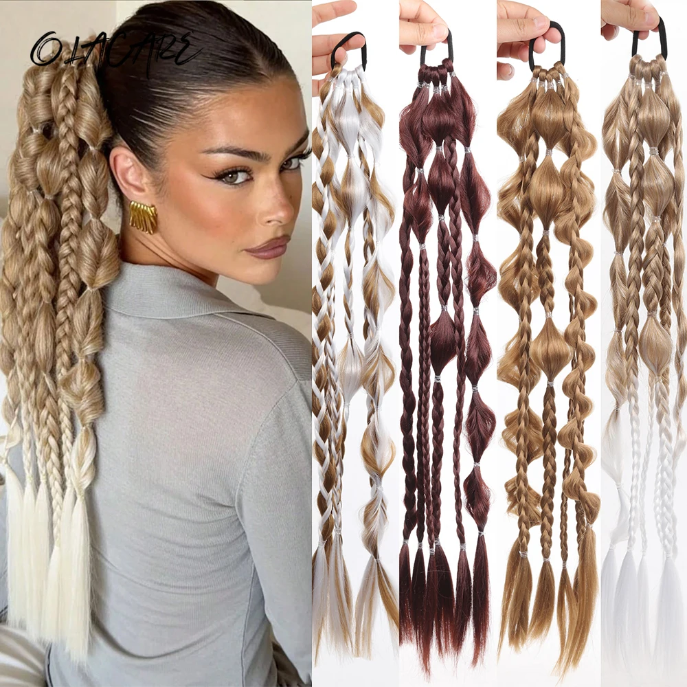 OLACARE 24Inch Synthetic Long Braided Bubble Ponytail Hair Extensions Lightweight for Women With Elastic Band Hair Accessories