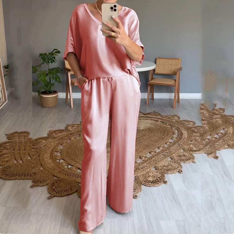 Women Casual Solid Silk Satin Outfit New Spring V Neck Loose Top Pullover+Wide-leg Pants Suit Summer Short Sleeve Loose 2pcs Set