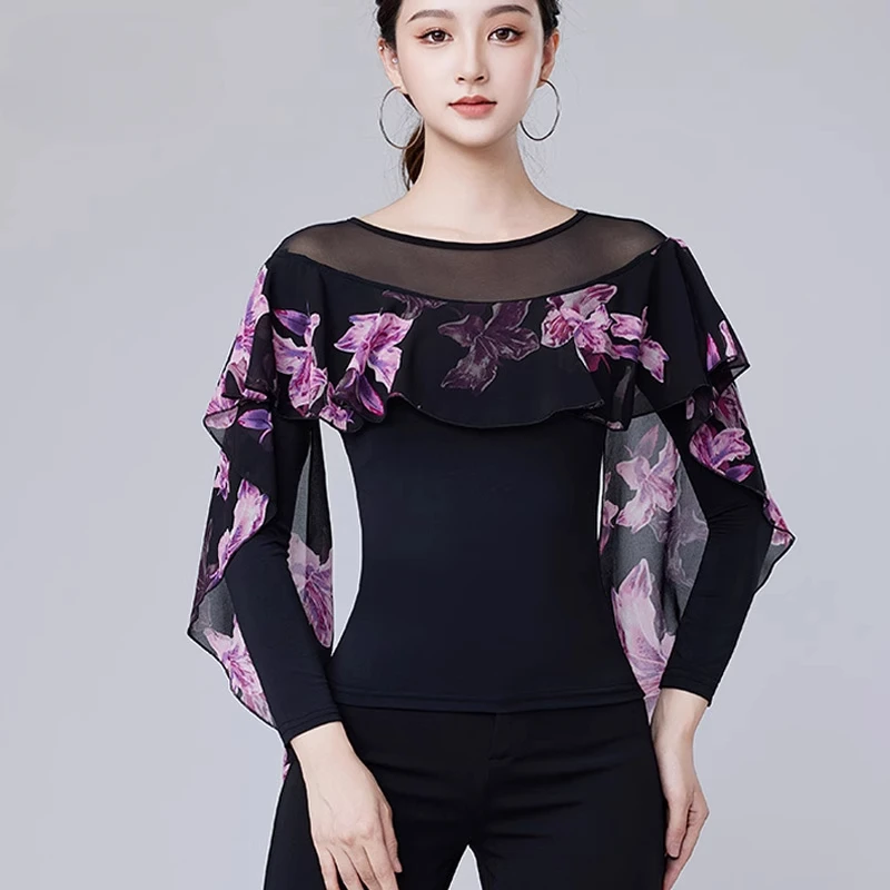 Roupas de dança latina finas e modernas, roupas de prática para mulheres, novo padrão nacional, roupas de dança de salão, mangas compridas