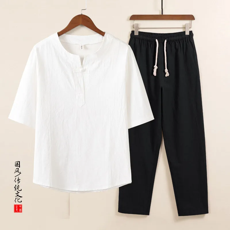 

Мужские традиционные комплекты в китайском стиле: хлопковые комплекты с коротким рукавом, футболка и длинные брюки, повседневная дышащая одежда для мужчин.