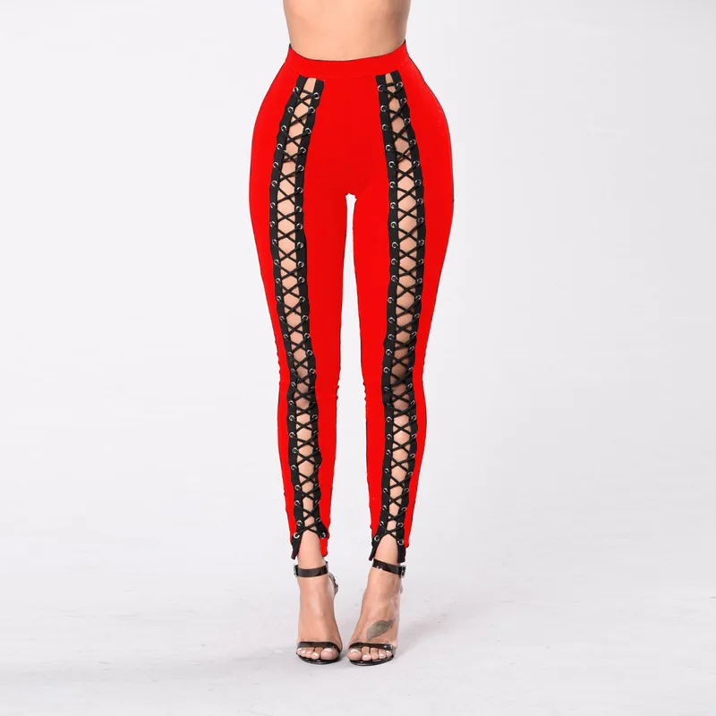 Frauen Schwarz Leggings Sexy Umreifung Strang Leer Seil Slim Fit Außen Tragen Hosen Mit Löcher Vorderes Lila Rot Große Größe vier – Detail 12