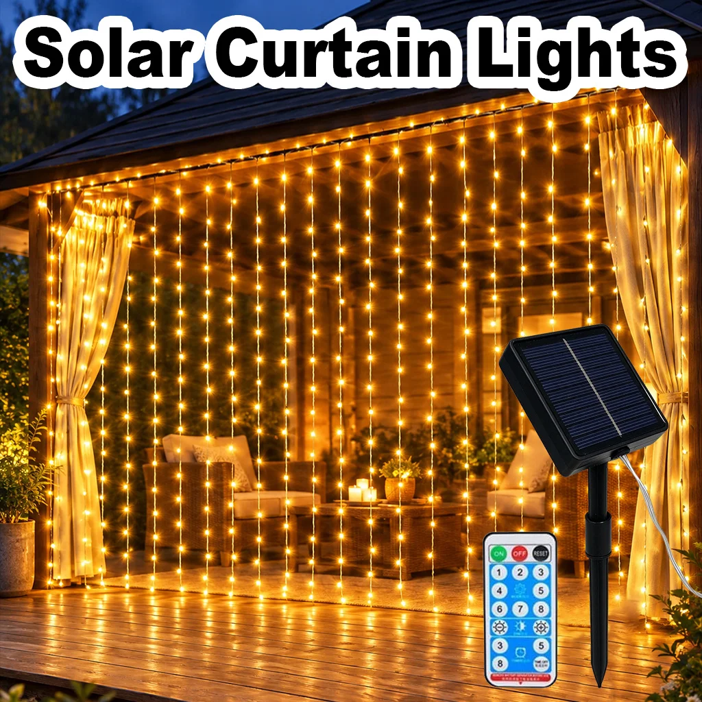 Solar Curtain Lights 3 Timer Settings Warm White 3M X 3M 300 LEDs Remote Control 8 Lighting Modes for Garden Balcony Patio