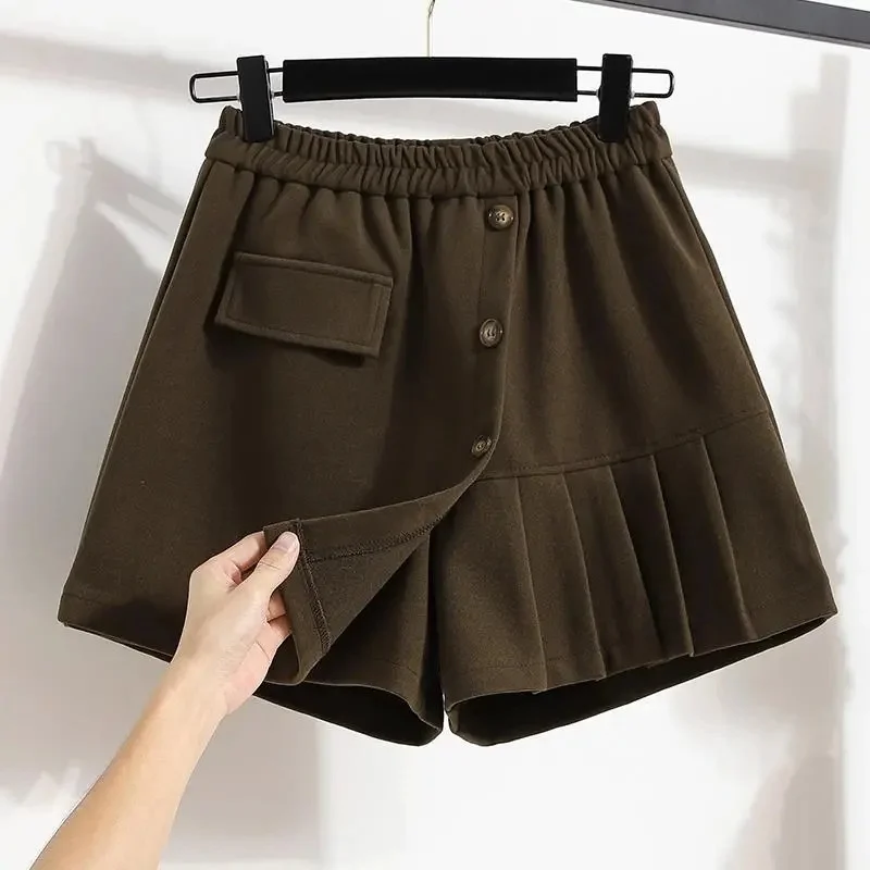 Autumn Female High Waist Pleated Boot Pantalons Women Wide Leg Pants Korean Ladies Large Size 4XL Fake Two Skirt Short Trousers