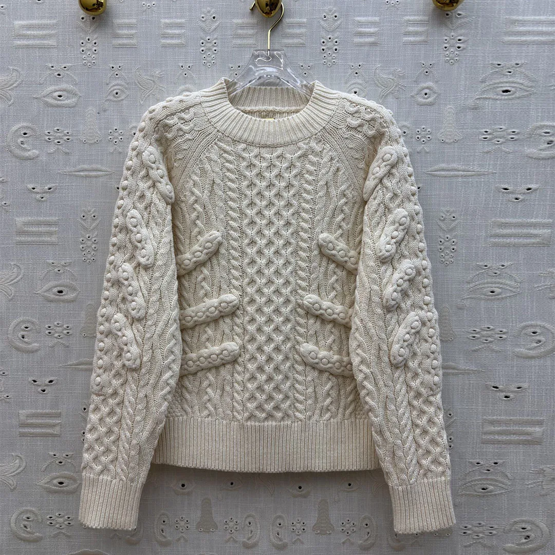 

New Fashion 3D Twists Geometric Pattern Crochet Pullover Sweater Women Gold Button O-neck Long Sleeve Casual Loose Retro Sweater
