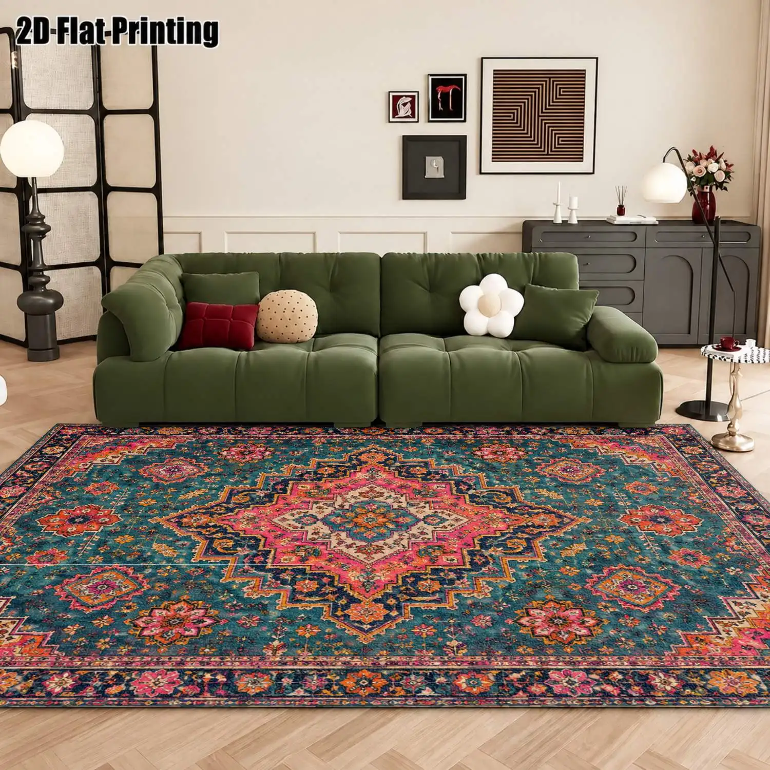 1Pc 2D Printed Retro Blue Floral Geometric Carpet, European/Bohemian Style, Machine Washable, Multi-Size, Ideal for Home Decor as Entrance/Living Room/Bedroom/Dining Room/Foyer Mat