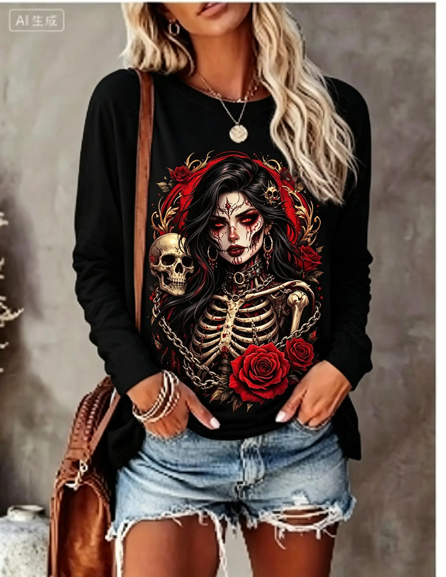 Women Halloween Long Sleeve T‑Shirt Sugar Skull Lady Skeleton Red Rose Gothic Print Crew Neck Fall Tops