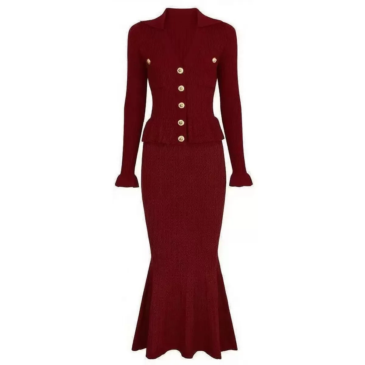 Autumn Hollow Out One-piece Knitted Maxi Dress Women Elegant V-Neck Ruffled Slim Waist Bodycon Sweater Dress Party VestidoS
