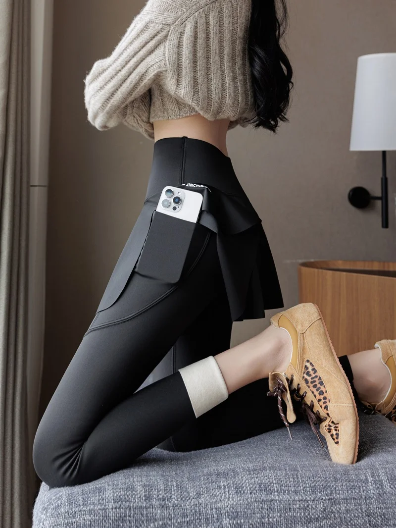 Cintura alta falso calças de yoga de duas peças das mulheres outono inverno novo sle quente thiened fce calças de camada base feminina saia