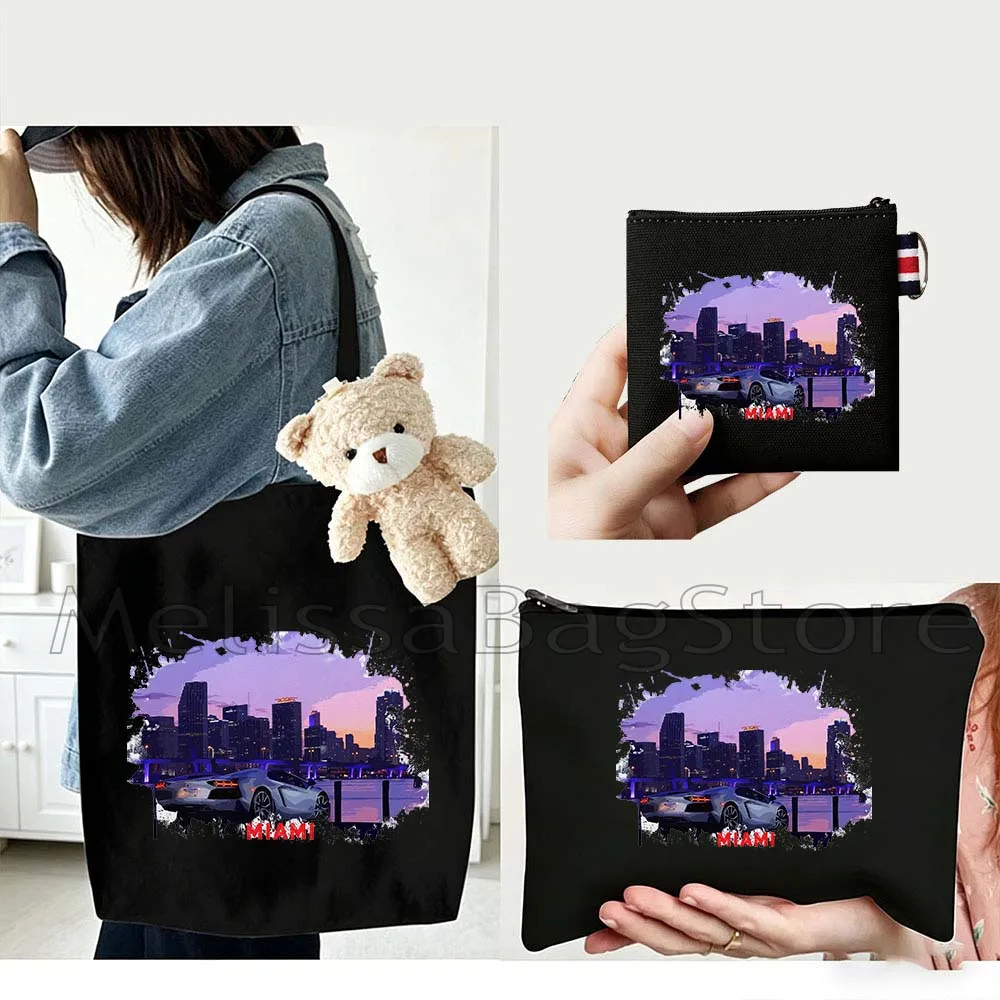 4PCS Gifts Set Miami Florida White Canvas Tote Bag Handbag with Doll Key Coin Purse Cosmetic Makeup Toilet Bag Case Pouch