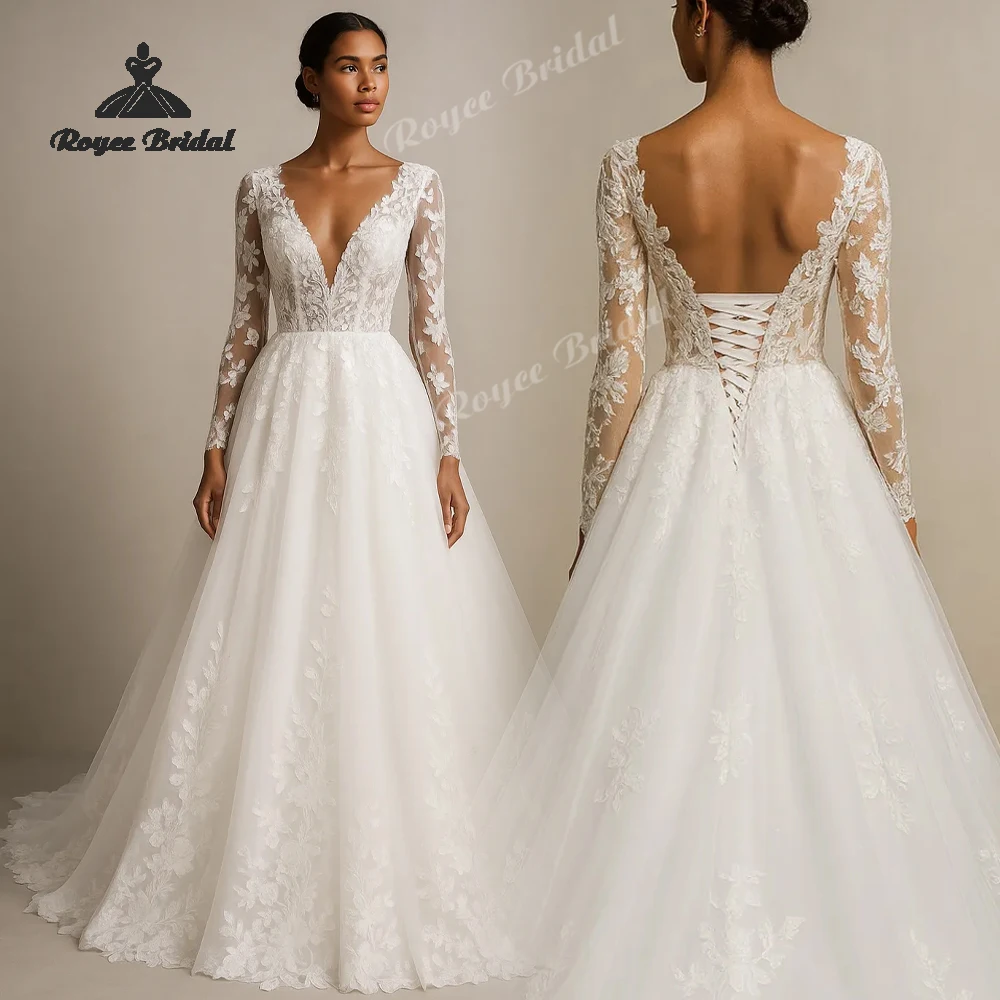 Applique Elegant A Line Wedding Dresses 2027 Flowers Lace Deep V Neck Beach Bridal Gown Customized vestido de novia