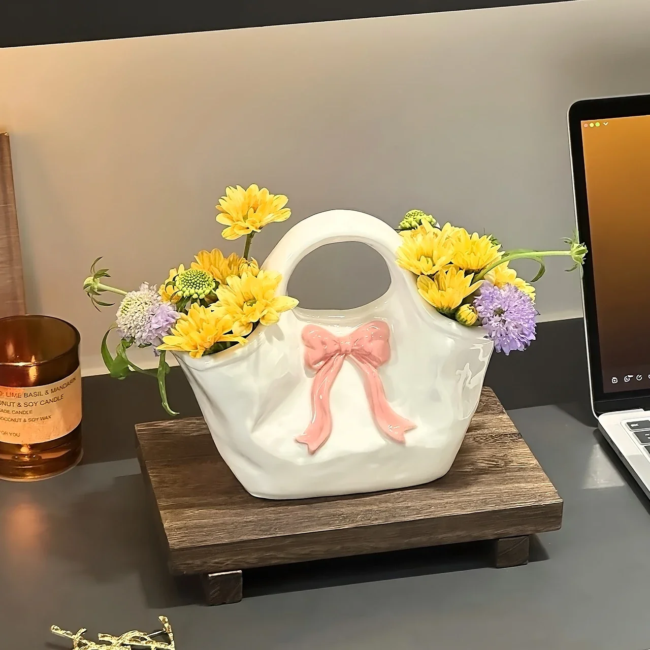 Ceramic Vase Hand-carried Basket Bow Handbag Flowerpot Flower Arrangement Accessories Terrarium Home Decoration