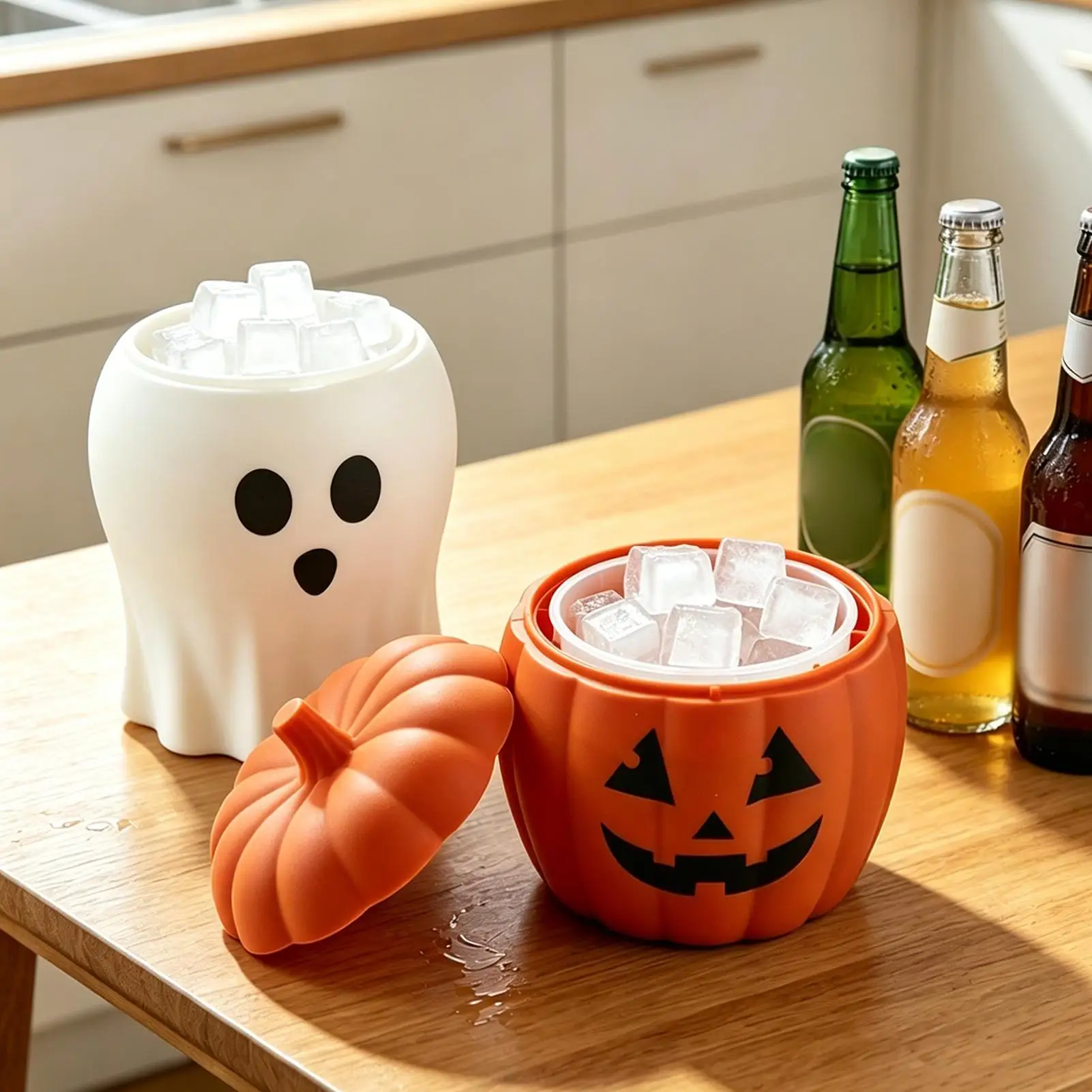 2-in-1 Halloween Pumpkin Ghost Ice Bucket Portable Ice Cube Making Tray Silicone Ice Grid Bucket Cooling Container Mold