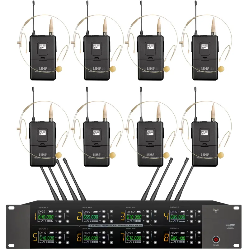 نظام ميكروفون لاسلكي UHF احترافي 8 قنوات ميكروفون أداء مرحلة الكنيسة المدرسية