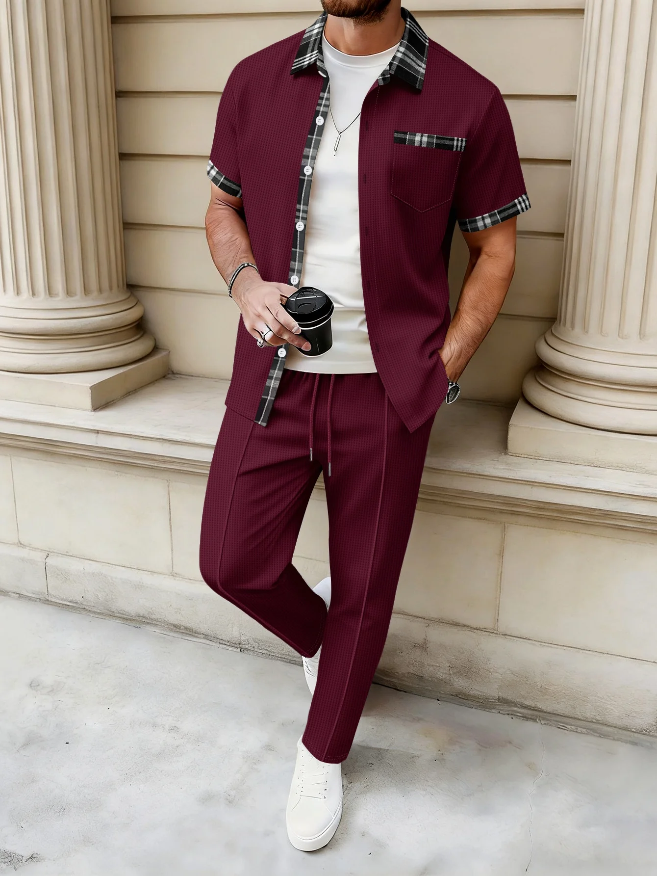 Immagine 7: Set da uomo in maglia waffle a 2 pezzi con camicia e pantaloni con bordi a quadri e bottoni, taglie S-3XL