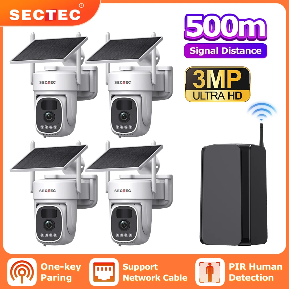 4-Camera Kit Solar Security Camera Outdoor Wireless Wifi SECTEC PTZ Cam 5MP HD Auto Track Colour Night Vision IP66 Zero Fees
