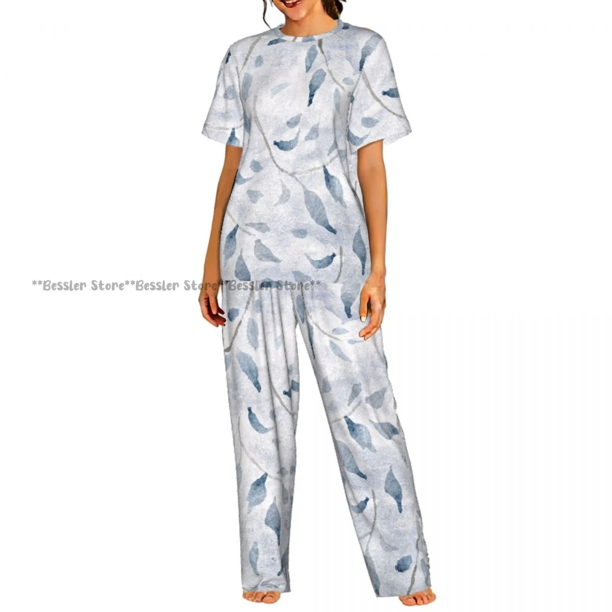 

Женский синий комплект пижамы с цветочным принтом, короткими рукавами и брюками, повседневный стиль