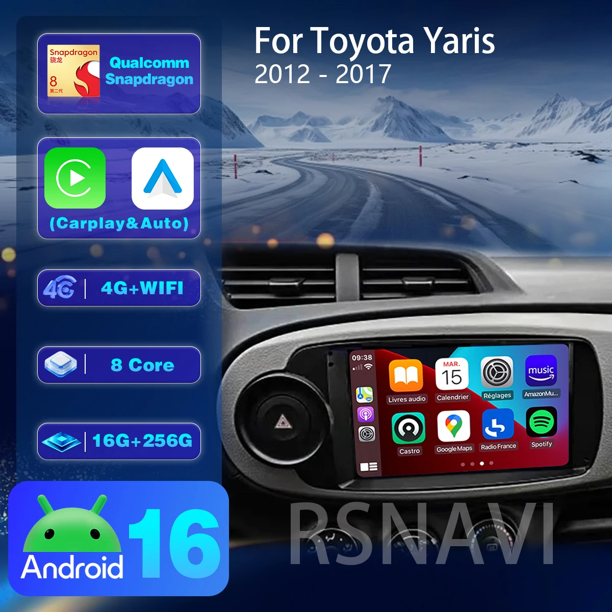 RSNAVI Android 16 For Toyota Yaris 2012 - 2017 Carplay Auto Car Radio Navigation GPS Multimedia Player wifi BT Ships in 24 hours