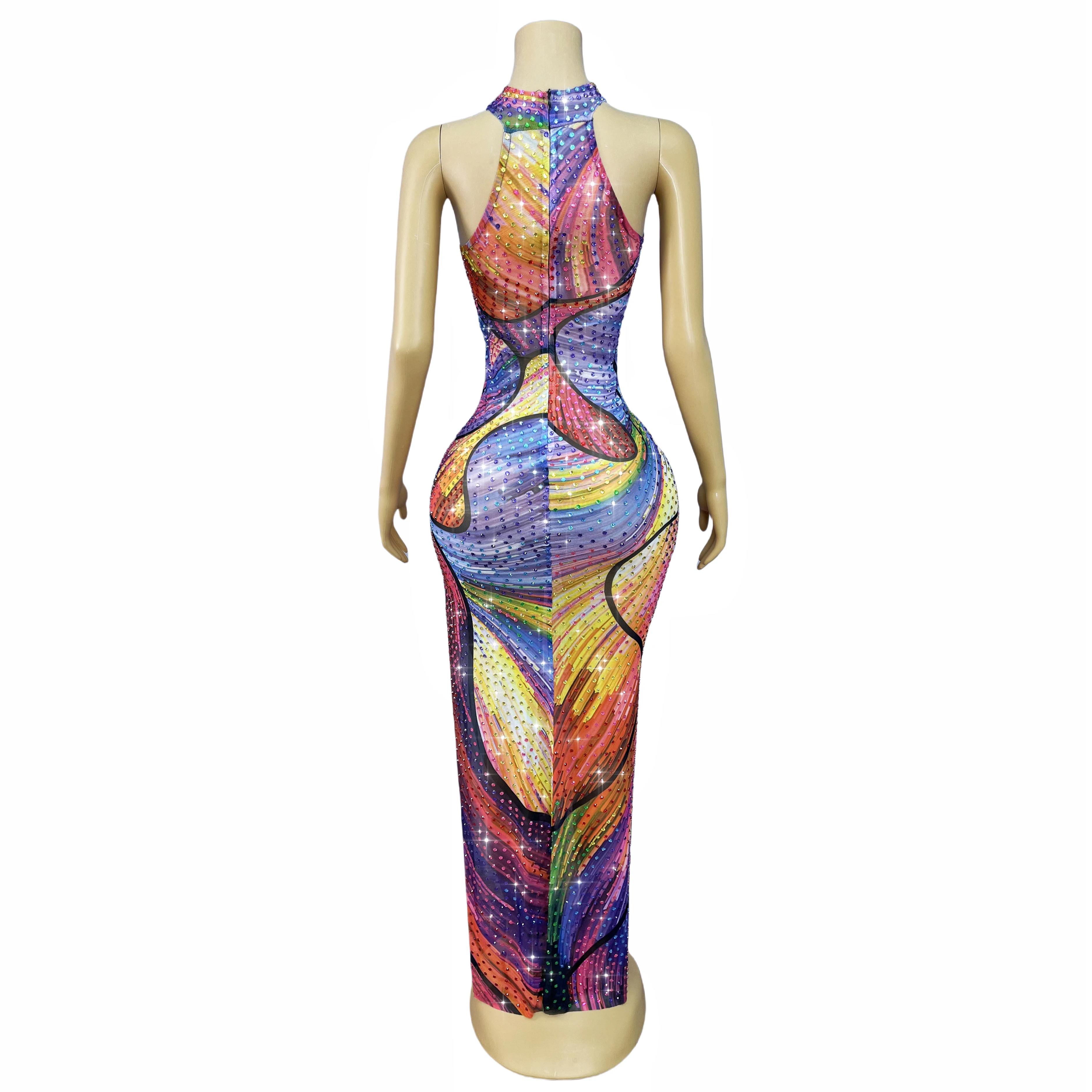 Vestido Sexy con estampado Multicolor y diamantes de imitación brillantes para mujer, vestido ajustado con abertura alta, vestido de noche para fiesta de cumpleaños, alfombra roja, ropa para escenario