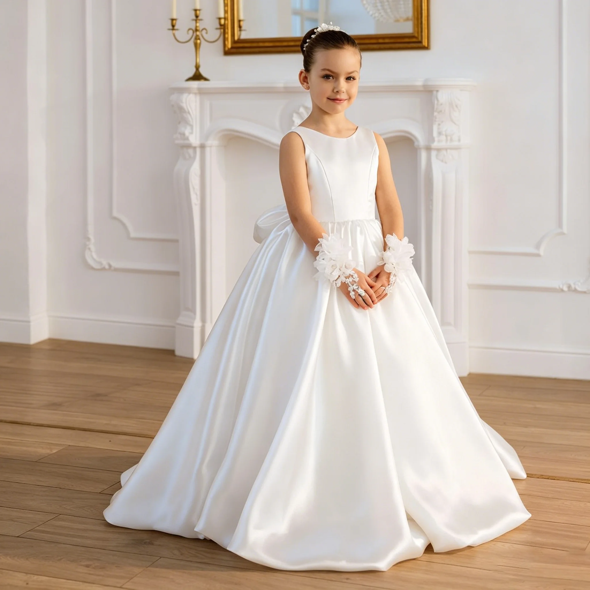 Elegant Flower Girl Dresses for Wedding with Bow Floor Length Baby Girl Birthday Dresses First Communion Gowns Customized