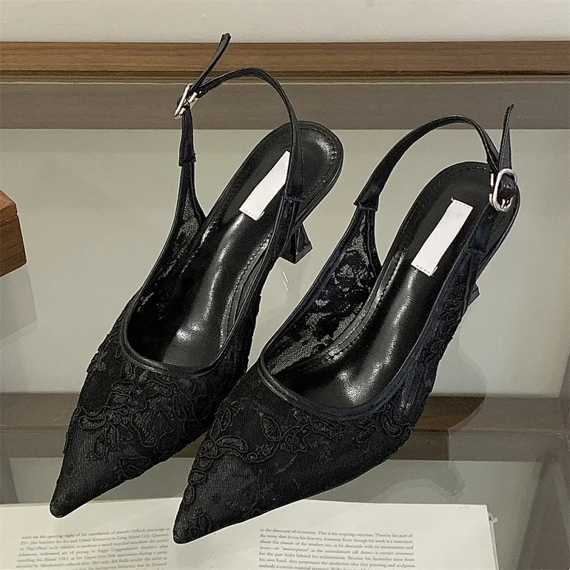 

Aneikeh Fashion Lace Sequin Hollow Out Mesh Women Pumps Sexy Pointed Toe Designer Low Heels Slingback Sandals Ladies Shoes