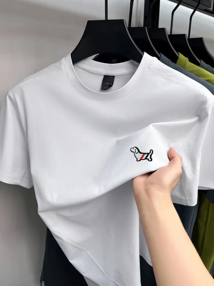 Trend cartoon dog embroidered short sleeve T-shirt summer new style high-end brand men's round neck youth casual breathable top