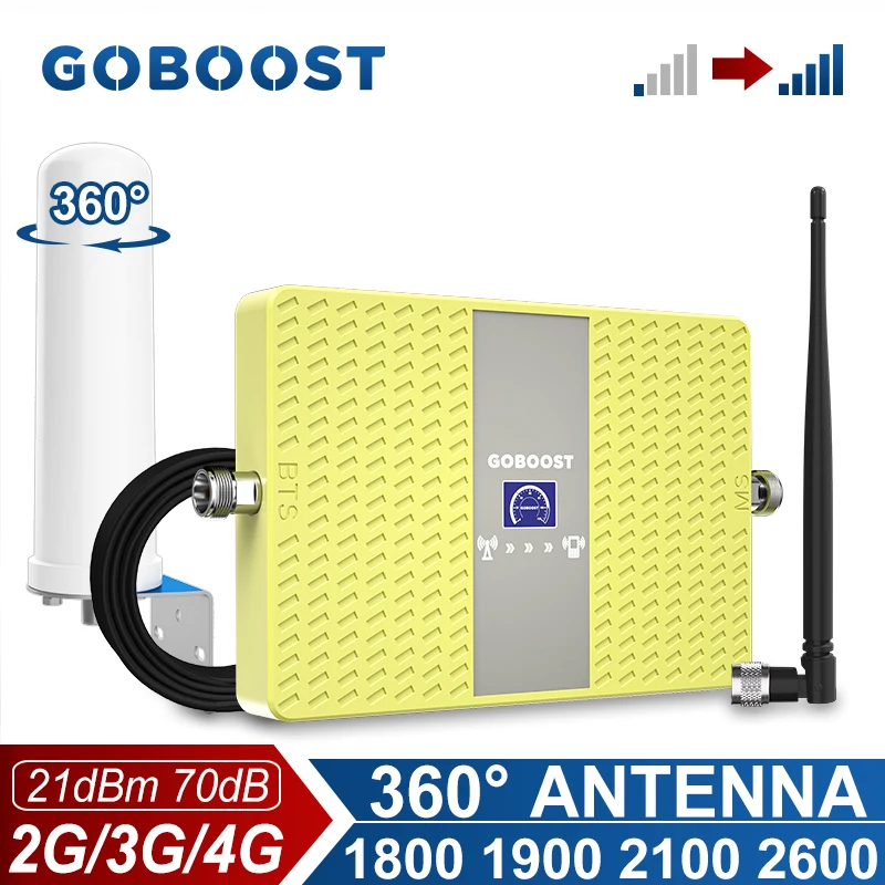 GOBOOST 2G 3G 4G Signal Booster 70dB High Gain LTE 2600 2100 1900 1800MHz Network Repeater Cellular Amplifier With 360° Antenna