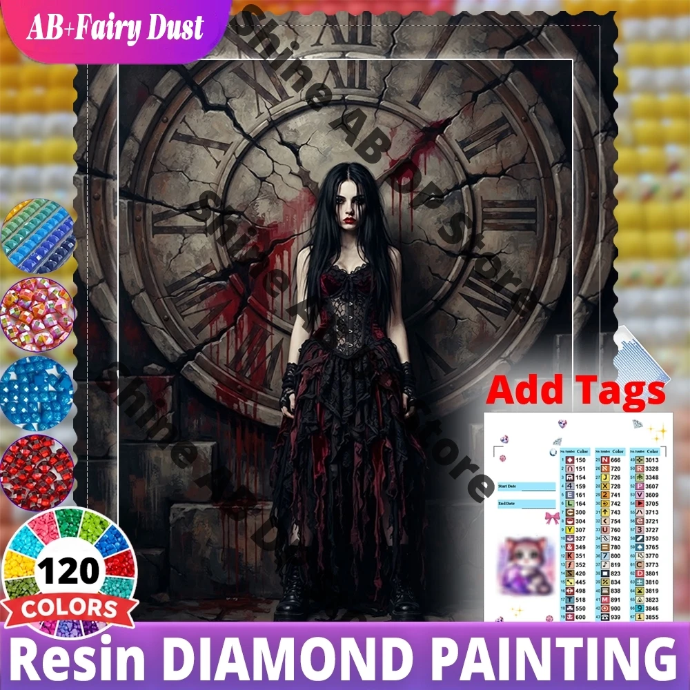 120 color Resin gothic woman vintage clock Portrait AB Fairy Dust Diamond Mosaic Full Square Round Painting Home Decor