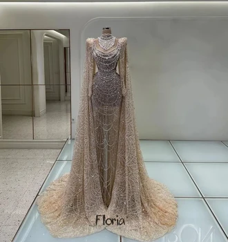 Floria muslimische schwere Champagner Abendkleider lange Umhang ärmel funkelnde Ballkleider vestidos novias boda amanda noivas offiziell