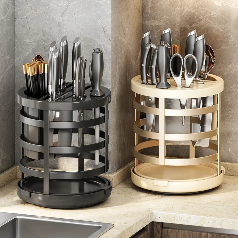 Stainless Steel Kitchen Cutter Holder 360 Rotatable Cutter Knife Stand Organizer Tableware Draining Storage Kitchen Accessories