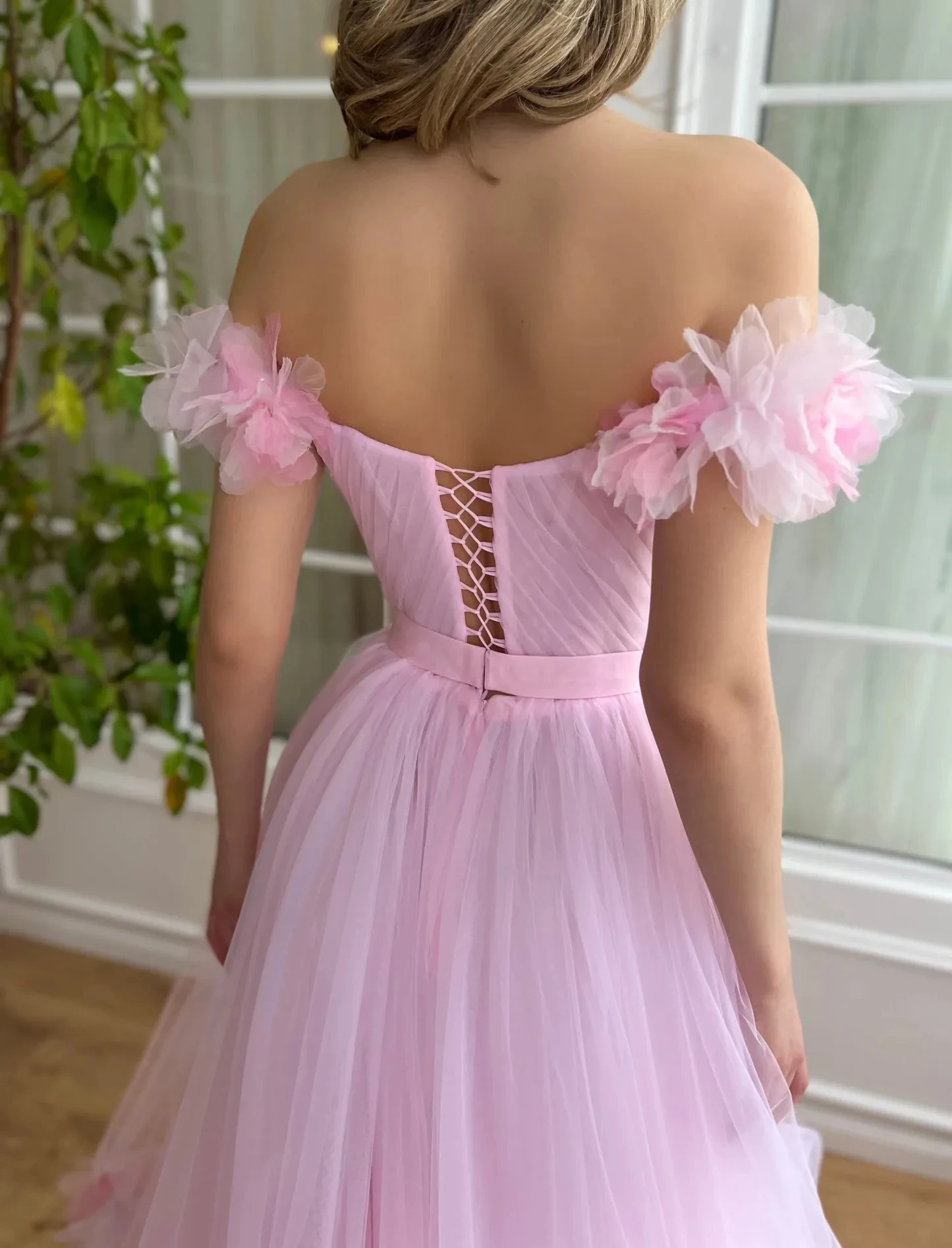 Pink A-Line Floral Applique Homecoming Dress Off-the-Shoulder with Chest Pleated Evening Dress Tulle Homecoming PROM Dress 2024