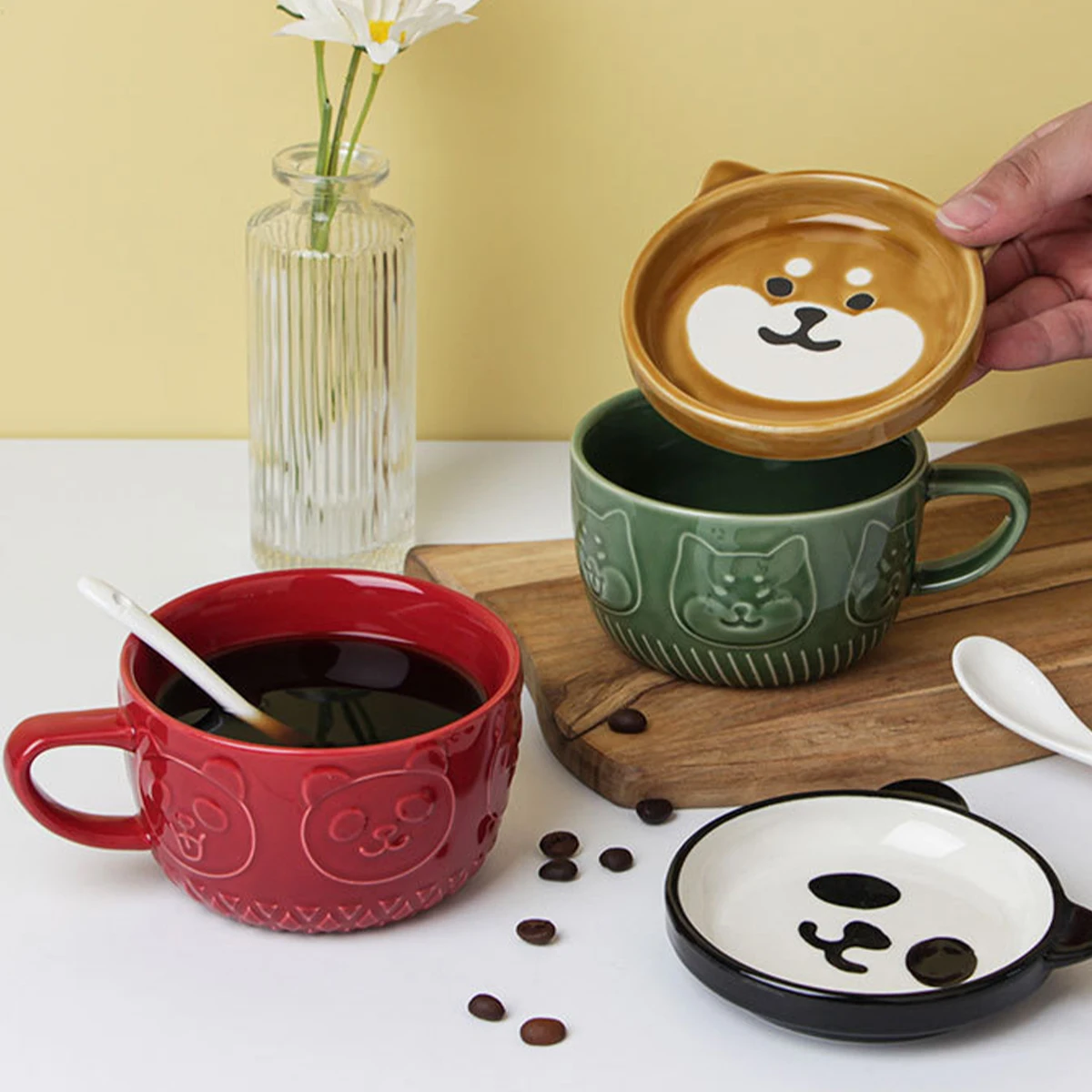 

1pc Japanese Cartoon Cat With Cover Coffee Cup Cute Breakfast Mugs Creative Coffee Cups Milk Mug Couple Water Cups With Lid