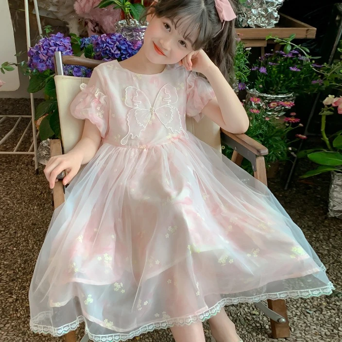 

Girls Skirt 2025 Summer New Children's Clothing Korean Style Girls Baby Tie-dye Mesh Yarn Bow Princess Dress Casual Simple