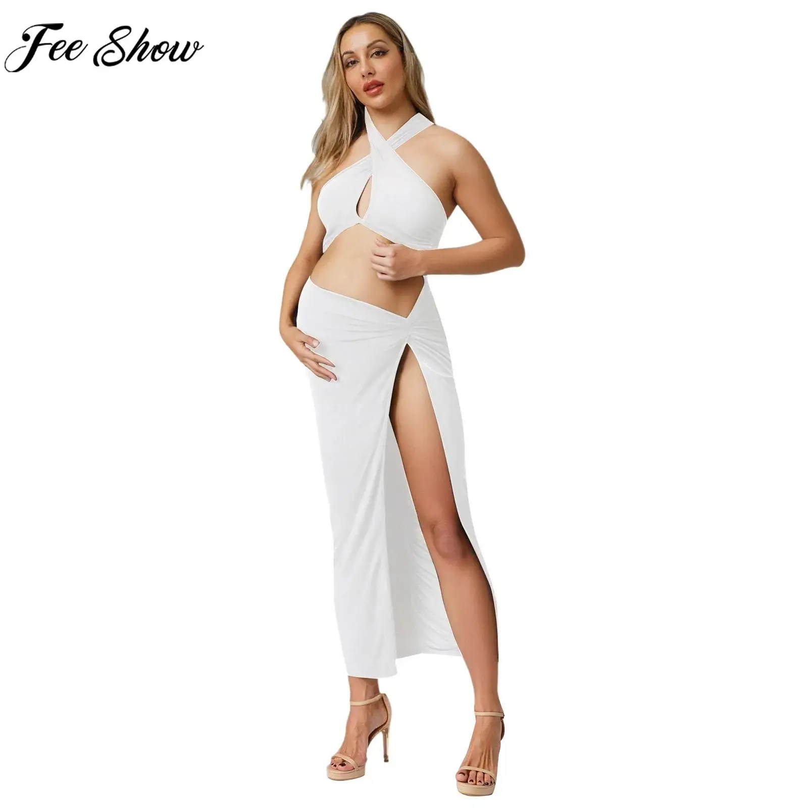 

Maternity Photography Dress Halter Sleeveless Cutout Slit Floor-length Pregnant Dresses for Baby Shower Birthday Wedding Party