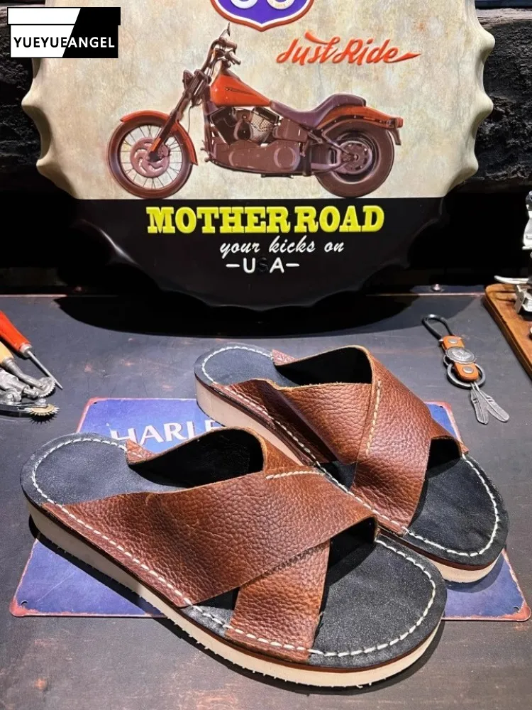 High Quality Retro Style Mens Daily Slippers Genuine Leather Handmade Height Increasing Platform Open Toe Cowhide Flip Flops