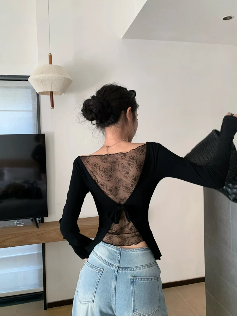 Sexy Hollow Backless Black Lace Chic Women Shirt Autumn Spring Long-sleeved Slim Cropped Tops Y2k Party Club