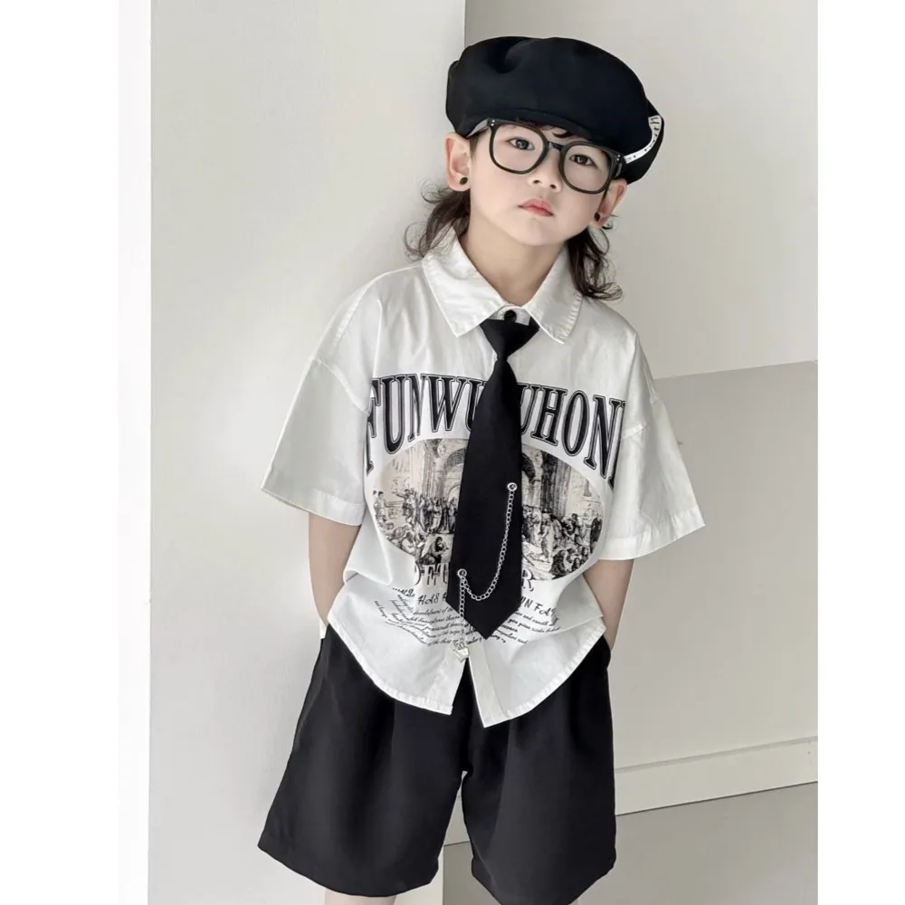 Boys' Button Shirt Shorts Two-piece With Tie Summer Suits 2024 Letter Vintage Printed Black Shorts Korea Fashion Street Suits