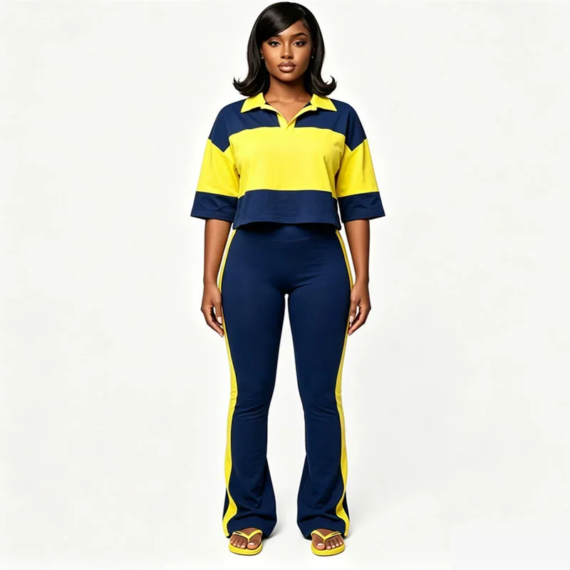 Activewear Striped Patchwork 2 Pieces Set Woman Tracksuit Fitness Polo Neck T-shirt Top and Flare Pants Sweat Suit Matching Sets