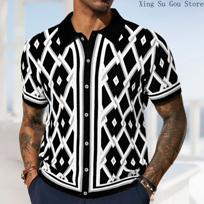 Men's Summer New Jacquard Knit Short Sleeve Men's Summer Casual Lapel Print POLO Shirt Top