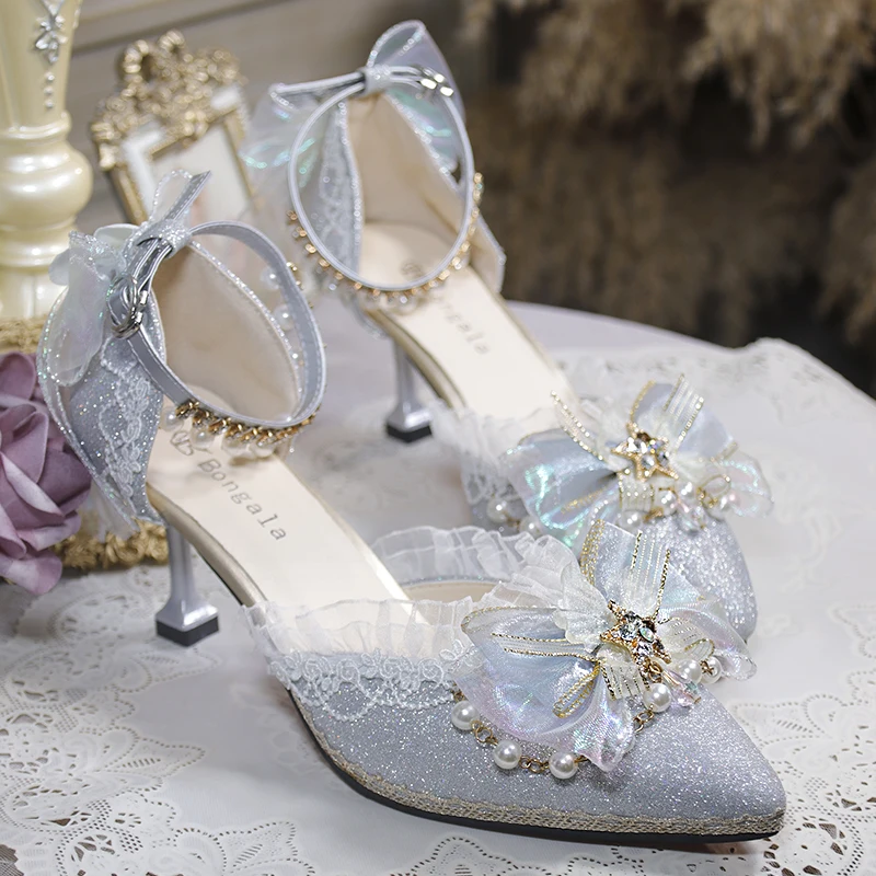 Lolita Shoes One Night Story Original Tea Party Fairy Silver Pointed Flower Wedding High Heel Shoes Girl Single Shoes