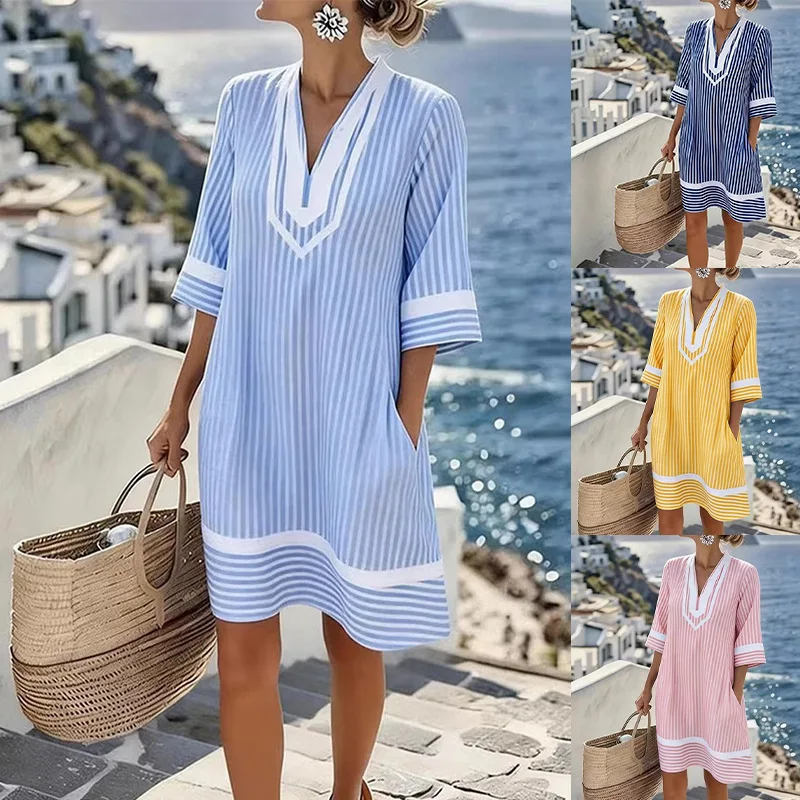 Strandurlaub-Stil V-Ausschnitt Gestreiftes Sexy Bohemian-Kleid mit Taschen Bedrucktes Loses Midi-Kleid Kurzarm Sonnenschutz-Bluse Kleider