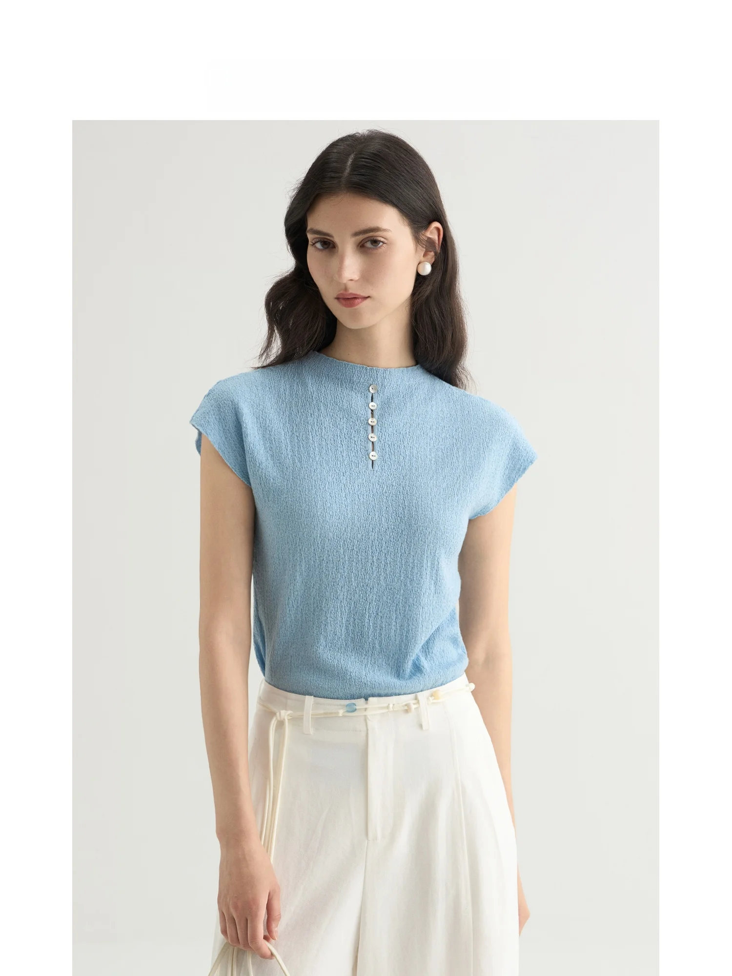 RQIA | Silk Knitted Short Sleeve Women's Top Slimming Fly Sleeve Textured Folded Knit Front And Back Summer Breathable T-Shirt