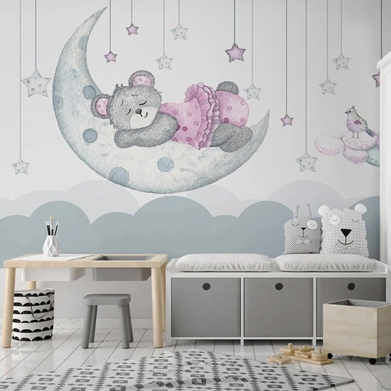Custom 3d Mural Cartoon Moon Stars sleep Bear Kindergarten Children Room Girl Room Bedroom Living room TV background restaurant