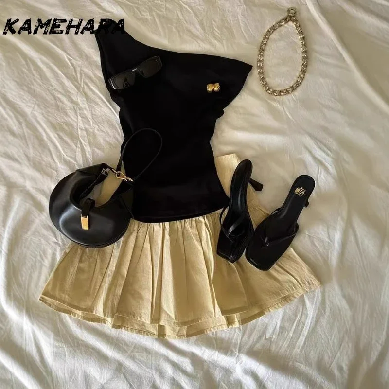 

KAMEHARA Japanese Summer Models Spicy Girl Black Irregular Slant Shoulder Halter Tank Y2k Punk Shibuya Street Sleeveless T-shirt