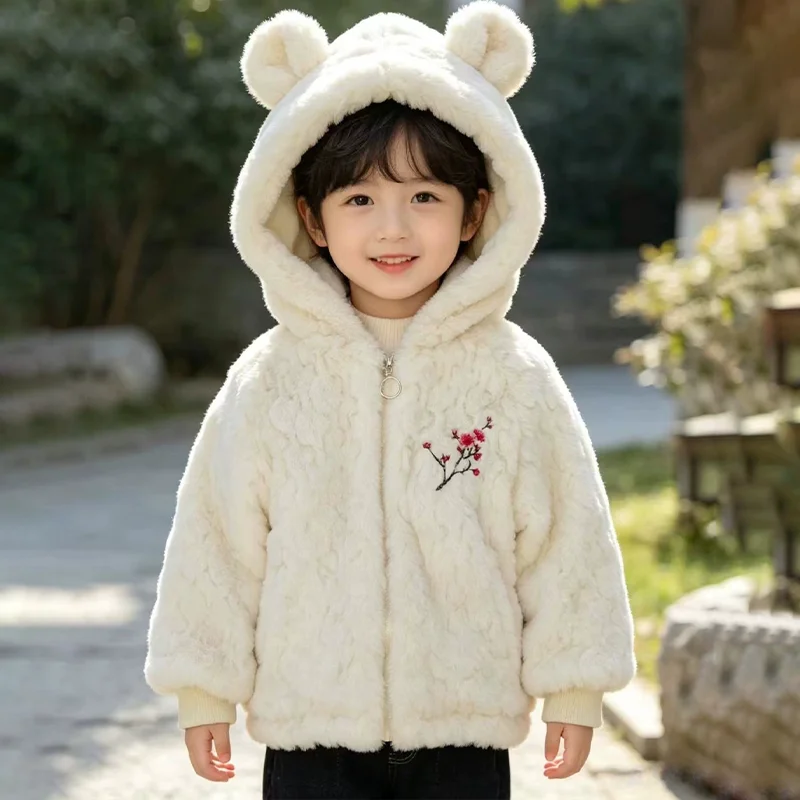 3‑8 Years Girls Cute Bear Ears Hooded Faux Fur Jacket Floral Embroidery Warm Zipper Coat Kids Autumn Winter Casual Outerwear
