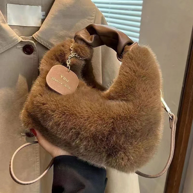 

Cute Plush Shoulder Bag Women Faux Fur Handbags Zipper Lady Casual Tote Half-Moon Hobos Winder Crossbody Bagtraveling Shopping