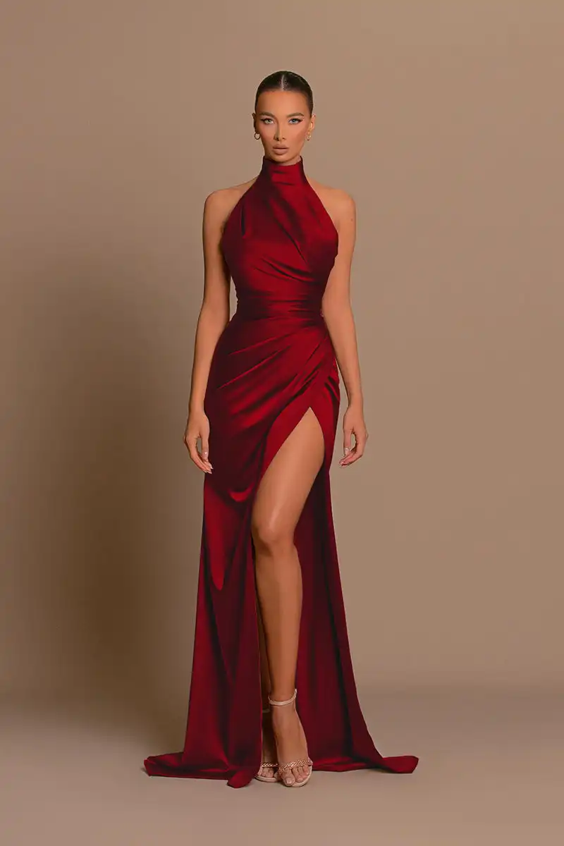 Vestido de casamento, colar redondo, cetim, vestido de dama de honra, alta divisão, sem encosto, festa, férias, baile, em estoque